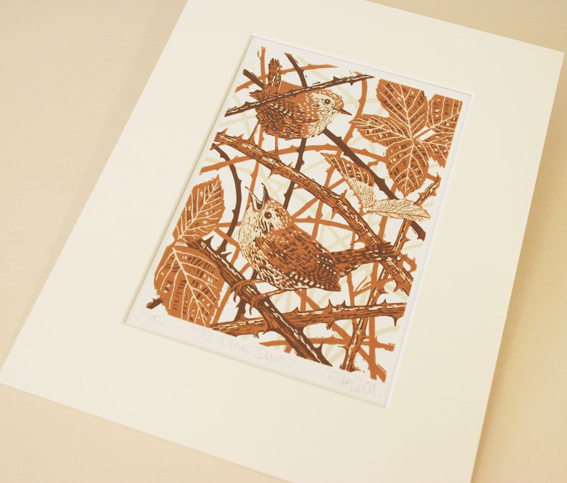 Wren print, Wren linocut print, Wren art print Original limited edition Wren linocut print. image 2