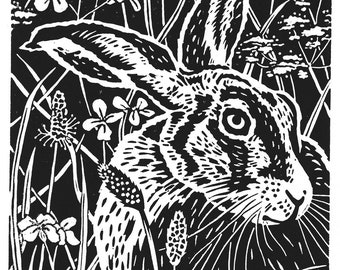 Hare Linocut Print, Midsummer Hare limited edition linocut print