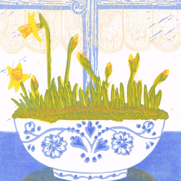 Spring flower linocut print, Spring Daffodils - Original Limited Edition Linocut Reduction Print