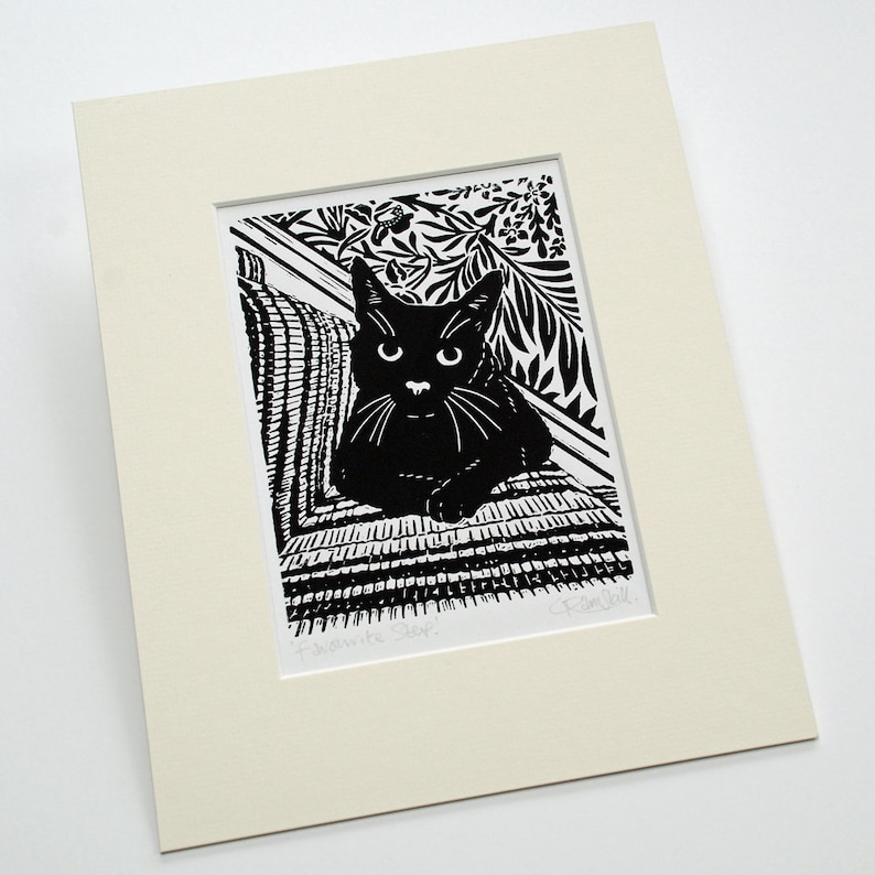 Black Cat Print, Black Cat Art, Black Cat Linocut Print Original Handmade image 2