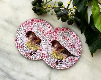 Tit in Cherry Blossom - Birds Drawings - 9 cm Round Coasters