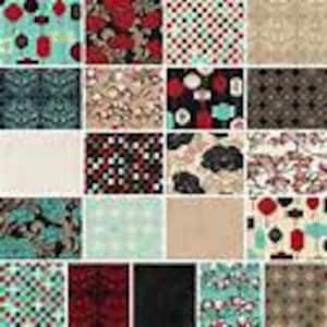 May include: A collection of 20 fabric squares featuring various patterns in black, red, white, and teal. The patterns include geometric designs, floral motifs, and Asian-inspired imagery.