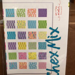 May include: A quilting pattern called "Chex Mix" by Me and My Sister Designs. The pattern is for a 10 x 10 inch square and features 16 different colorful checkered and floral designs.