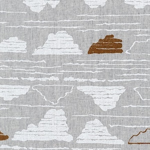 May include: A repeating pattern of white cloud shapes and horizontal lines on a gray background. One brown cloud shape is also present. The design has a textured appearance, suggesting a fabric or paper surface.