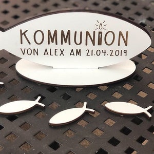 Personalized table decoration communion, baptism, confirmation fish wood