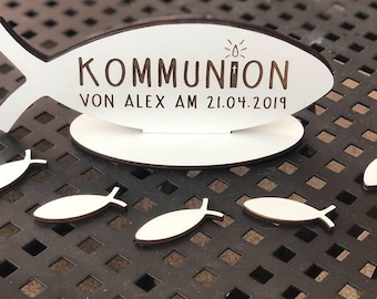 Personalisierte Tischdeko Kommunion, Taufe, Konfirmation Fisch Holz