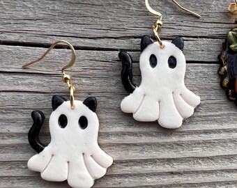 Ghost Cat Earrings: Handmade Polymer Clay Dangle - Halloween Jewelry