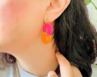 Abstract Polymer Clay Dangle Earrings: Pink & Orange Statement Jewelry