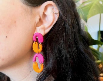Handmade Pink & Orange Polymer Clay Dangle Earrings: Statement Jewelry