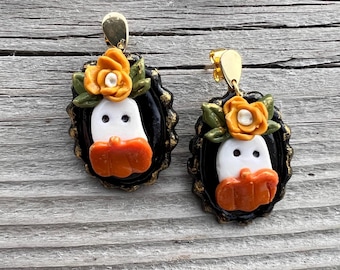 Ghost Pumpkin Earrings: Handmade Polymer Clay Halloween Dangle