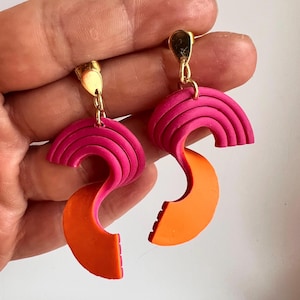 Pink Orange Wave Drop Earrings | Handmade Polymer Clay | Statement Gift for Her