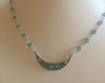 Jeweled Blue Crescent Necklace