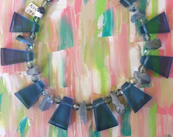 Blue Seaglass and Spikes Collar