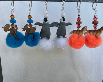Whimsical Moose, Penguin, and Wolf Earrings