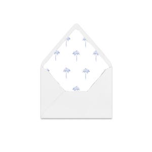 May include: A white envelope with a blue palm tree pattern on the inside. The envelope is open, revealing the patterned interior. The palm trees are evenly spaced and add a tropical touch to the stationery.