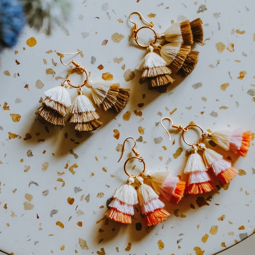 Triple Layered Tassel Earrings Etsy