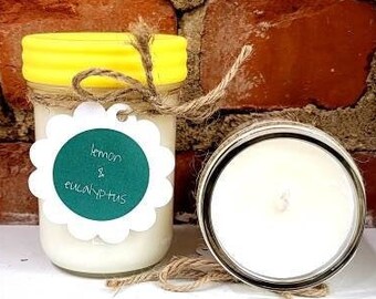 Eucalyptus & Lemon Candle, 8oz All Natural Soy Candle, Glass Mason Jar Candle, Aromatherapy Essential Oil Candle, Rejuvenating Candle