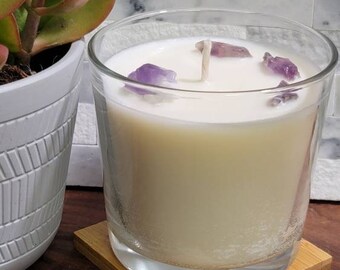 Amethyst Crystal Calming Candle, Lavender and Vanilla Candle, All Natural Soy Candle, Organic Crystal Candle, Candle and Crystal