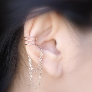192) Minimalistisch Geen piercing drievoudige lijnen met dubbele ketting oor manchet **ROSE GOLD**
