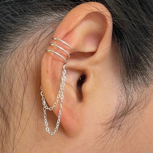 11No piercing Three Bands With Double Chain Dangle Ear Cuff.Minimalist 925 Sterling Silver,14K Gold Filled ear cuff.Fake Ear Cuff image 2