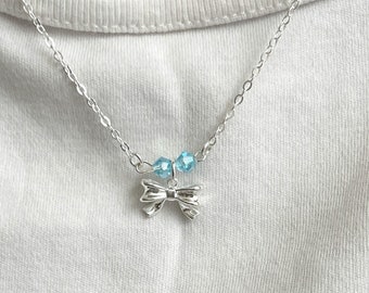 58) 925 Sterling Silver Bow Charm with Swarovski, Pearl necklace. Minimalist Necklace.