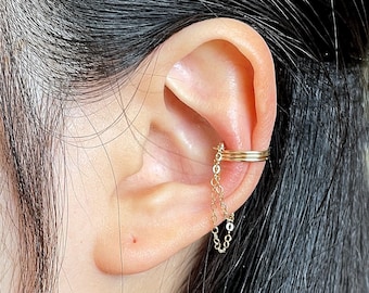 99)Sterling Silver No Piercing Ear Cuff, Gold Filled Triple Band Chain Earring
