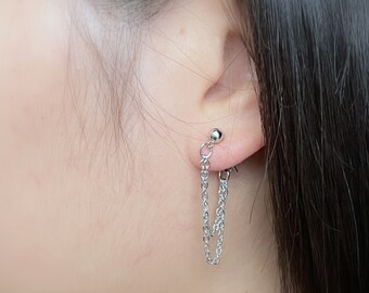 66)Minimalist ball stud and double chain dangle piercing earrings.