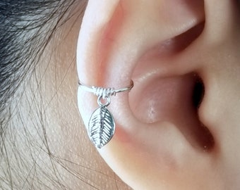 211)Minimalist ear cuff. No Piercing Fake Earring,One Band Ear cuff with Tiny and Cute Leaf Charm