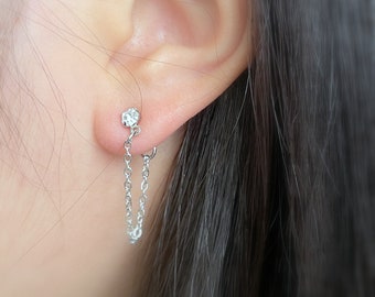80)Minimalist cubic post with single chain dangle stud earrings.