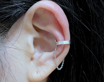 92)Minimalist Sterling Silver Triple Band Chain Ear Cuff - No Piercing