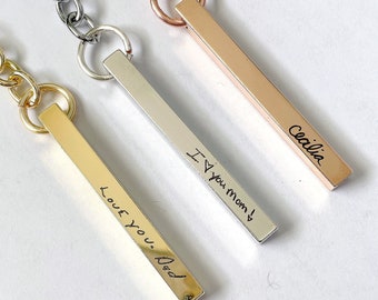 221)Actual  Handwriting Engraved Bar Key chain. Memory gift. Father's day gift.