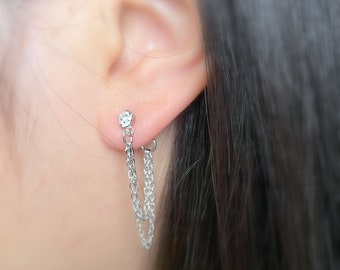 69) Minimalist cubic post with double chain dangle stud earrings.