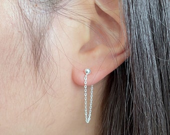 62) Minimalist 925 Sterling Silver Chain Dangle stud Earrings. Piercing Earrings.