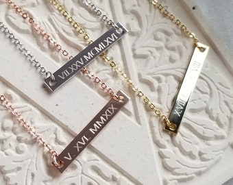 205)*FREE Double Side Engrave**Roman Numeral Necklace. Personalized Necklace. Anniversary, Date Necklace. Custom Bar Necklace