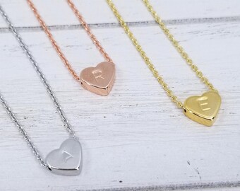 209)##FREE Double Side Stamping##Tiny Heart Charm Necklace with Initial. Flower Girl Gift.Mother's Day Gift. Birthday Gift.