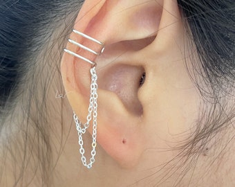 34)No piercing Sterling Silver three bands and double chain ear cuff.