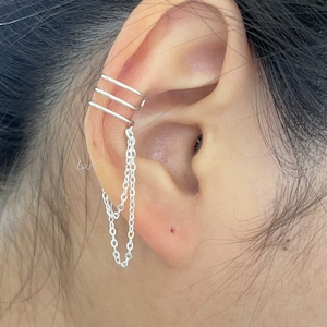 34) Minimalist ear cuff. No piercing Sterling Silver three bands and double chain ear cuff.