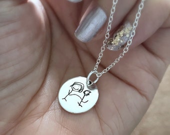 215) 925 Sterling Silver Actual Kid's Drawing Engraving Necklace. Memory necklace