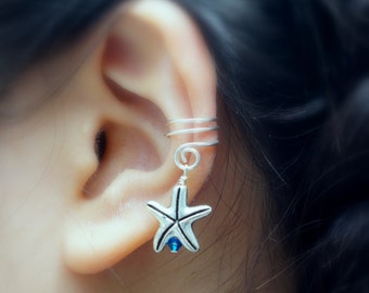 116) No piercing Starfish Charm With Bead Ear Cuff. Minimalist ear cuff. Summer earring