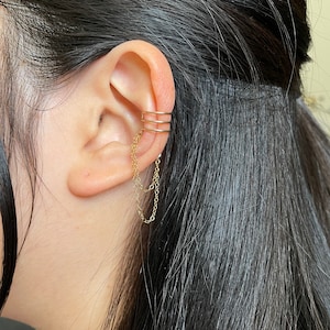 11No piercing Three Bands With Double Chain Dangle Ear Cuff.Minimalist 925 Sterling Silver,14K Gold Filled ear cuff.Fake Ear Cuff image 9