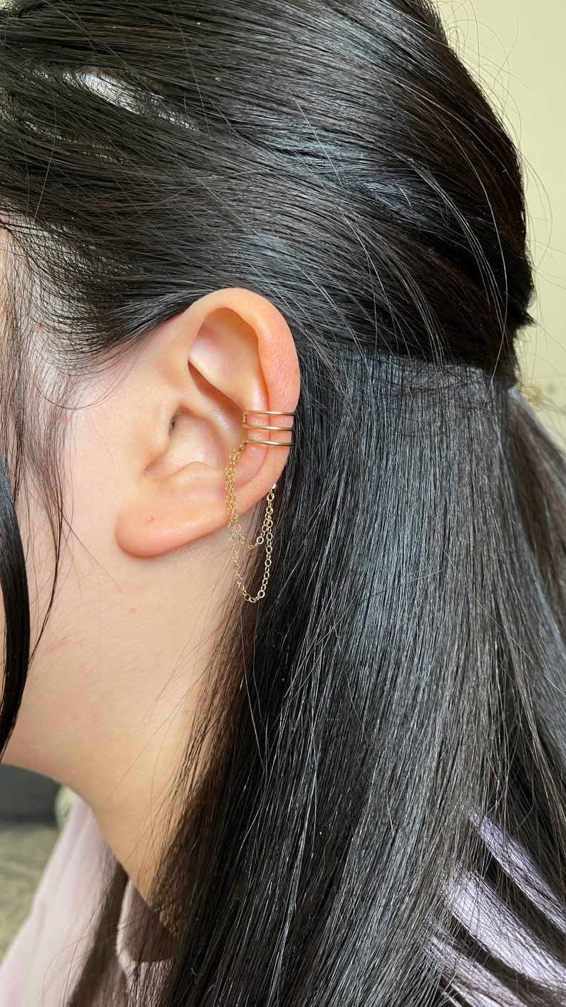 11No piercing Three Bands With Double Chain Dangle Ear Cuff.Minimalist 925 Sterling Silver,14K Gold Filled ear cuff.Fake Ear Cuff image 9