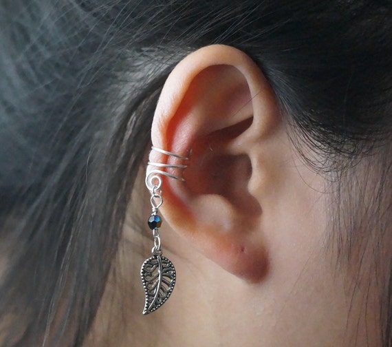 47)No piercing Leaf Drop With Swarovski Bead. Minimalist ear cuff
