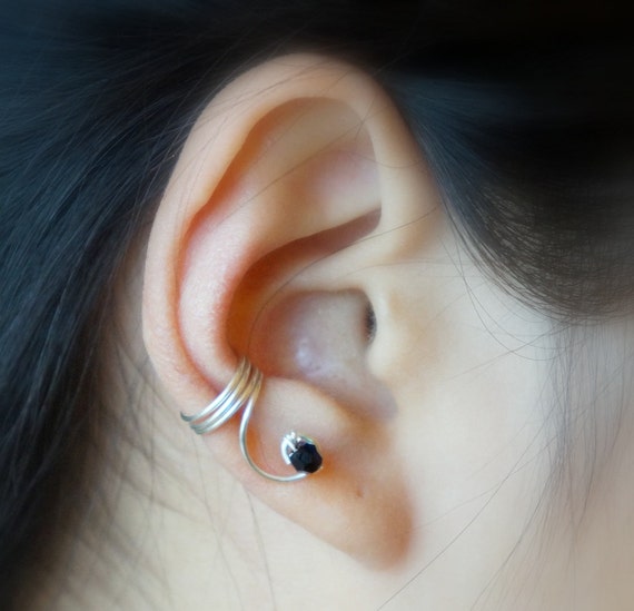 87)No Piercing Simple Swirl Swarovski Bead Ear Cuff. Minimalist ear cuff
