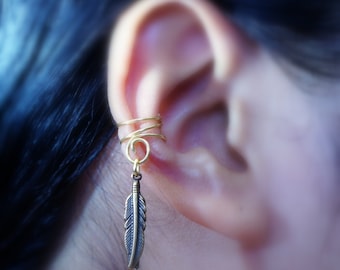 15)No piercing Double Little Bird Feather Ear Cuff *Antique Brass. Minimalist ear cuff