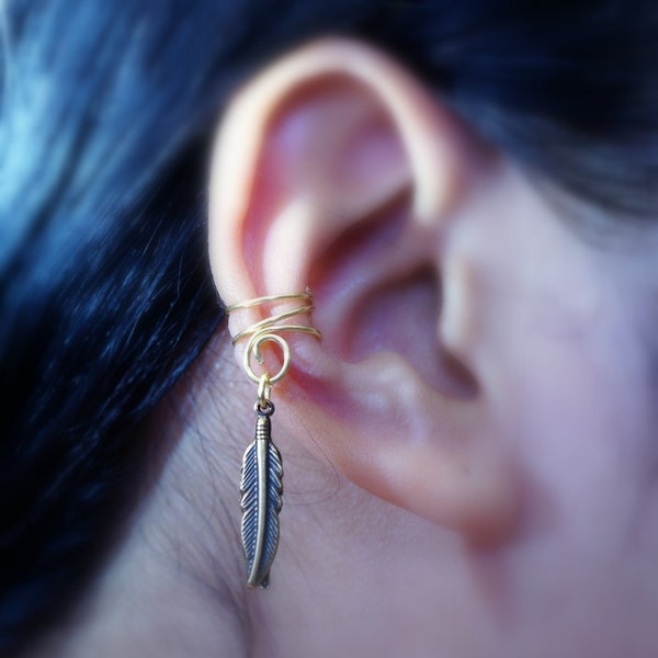 15)No piercing Double Little Bird Feather Ear Cuff *Antique Brass. Minimalist ear cuff