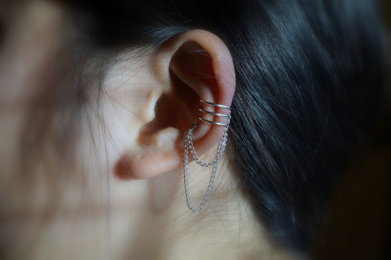 11)Minimalist ear cuff. No piercing Triple Lines With Double Chain Ear Cuff. 925 Sterling Silver. 