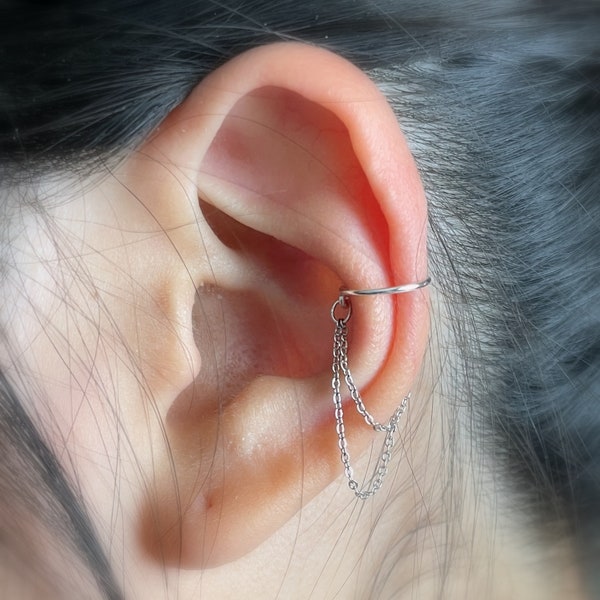 41)  No Piercing One band And Double Chain Ear Cuff. Minimalist Ear cuff.