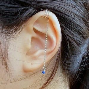 172) Minimalist earring. No Piercing Triple Band Ear Cuff For Upper Cartilage with Chain and Swarovski Crystal Bead