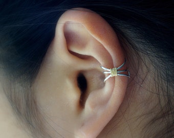 10)No Piercing Three Lines With Wrap Ear Cuff **SILVER BODY**. Minimalist Fake Ear Cuff Earring