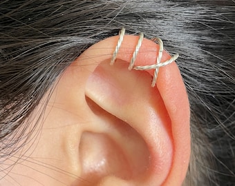224)925 Twisted Sterling Silver  Criss Cross & Double Bands No Piercing Ear Cuff For Upper Ear Cartilage